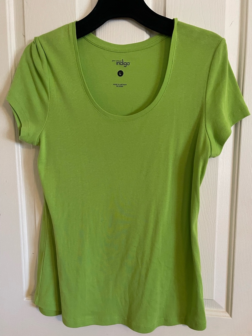 Indigo  Lime Green Cotton & Spandex Short Sleeve Ladies T Shirt Size L Comfy